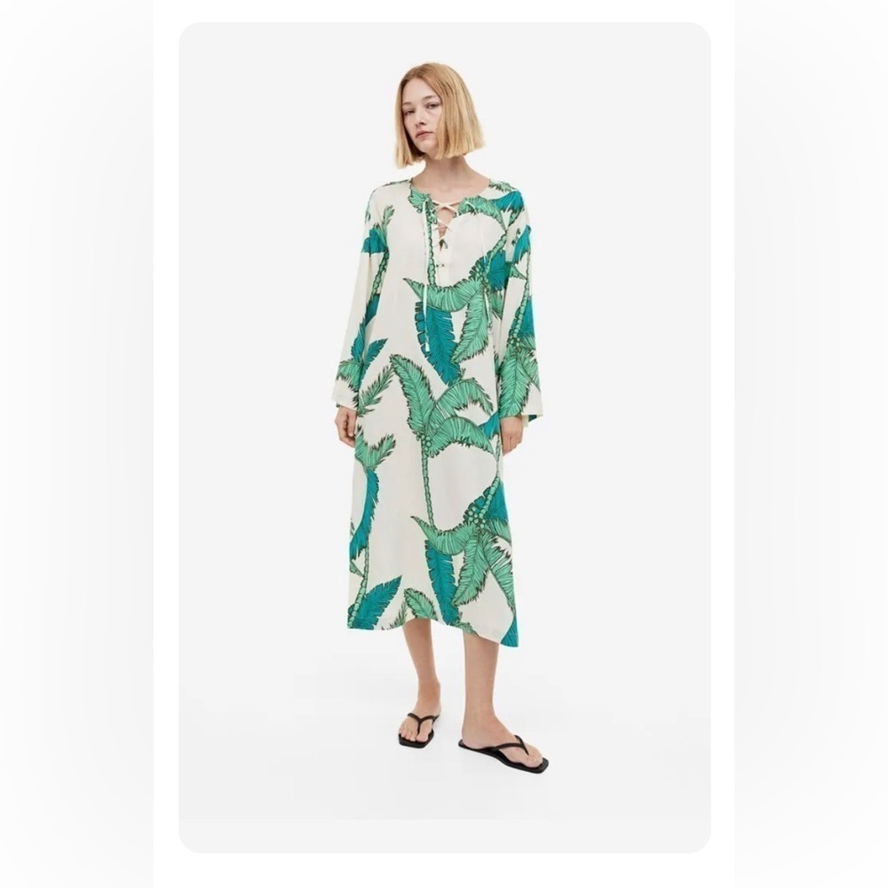 H&M tropical Long Sleeve Linen Blend Slit hem Green Ivory Midi Dress lacing S